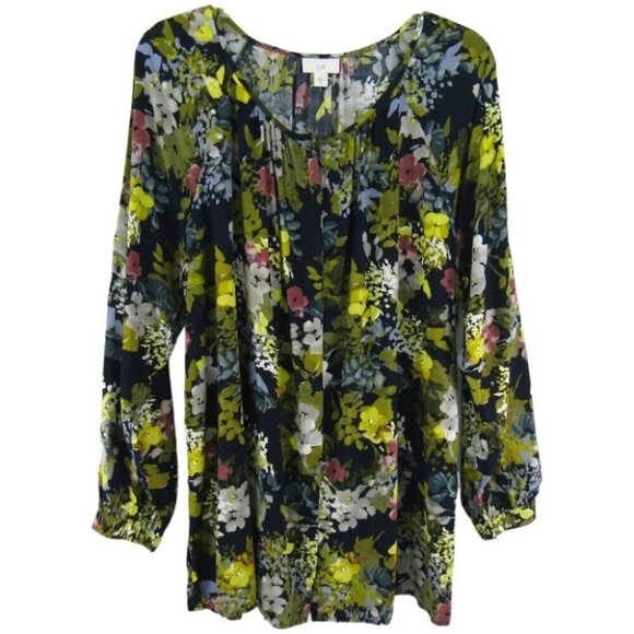 J Jill Blue Floral Hidden Button Front Top Womens Size XL Long Sleeve Viscose - Picture 1 of 9